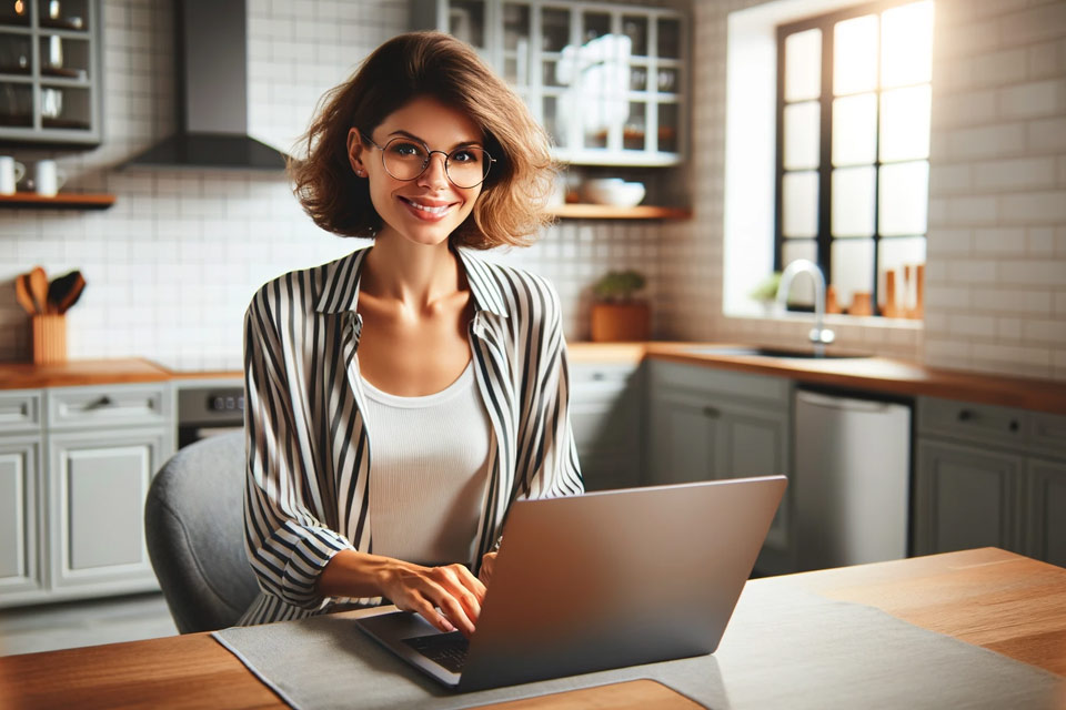 Woman working on her laptop in the kitchen