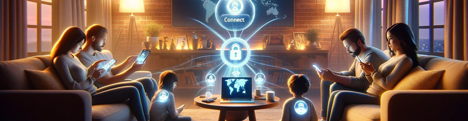 image demonstrating the ease of using a VPN on multiple devices. The image features a family in a living room