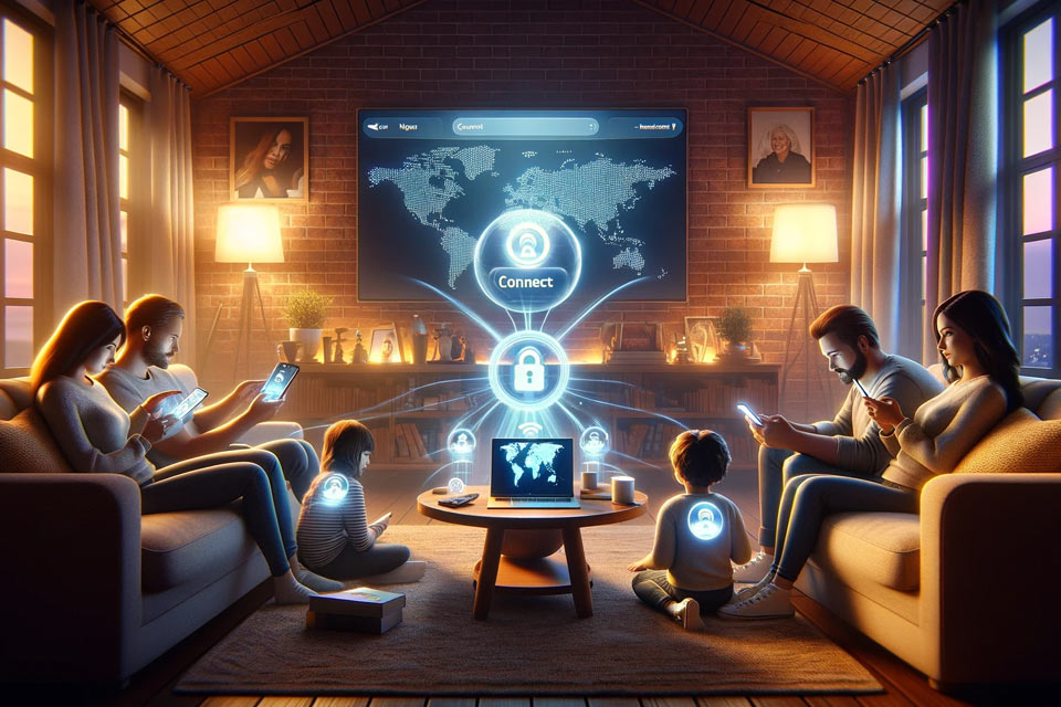 image demonstrating the ease of using a VPN on multiple devices. The image features a family in a living room